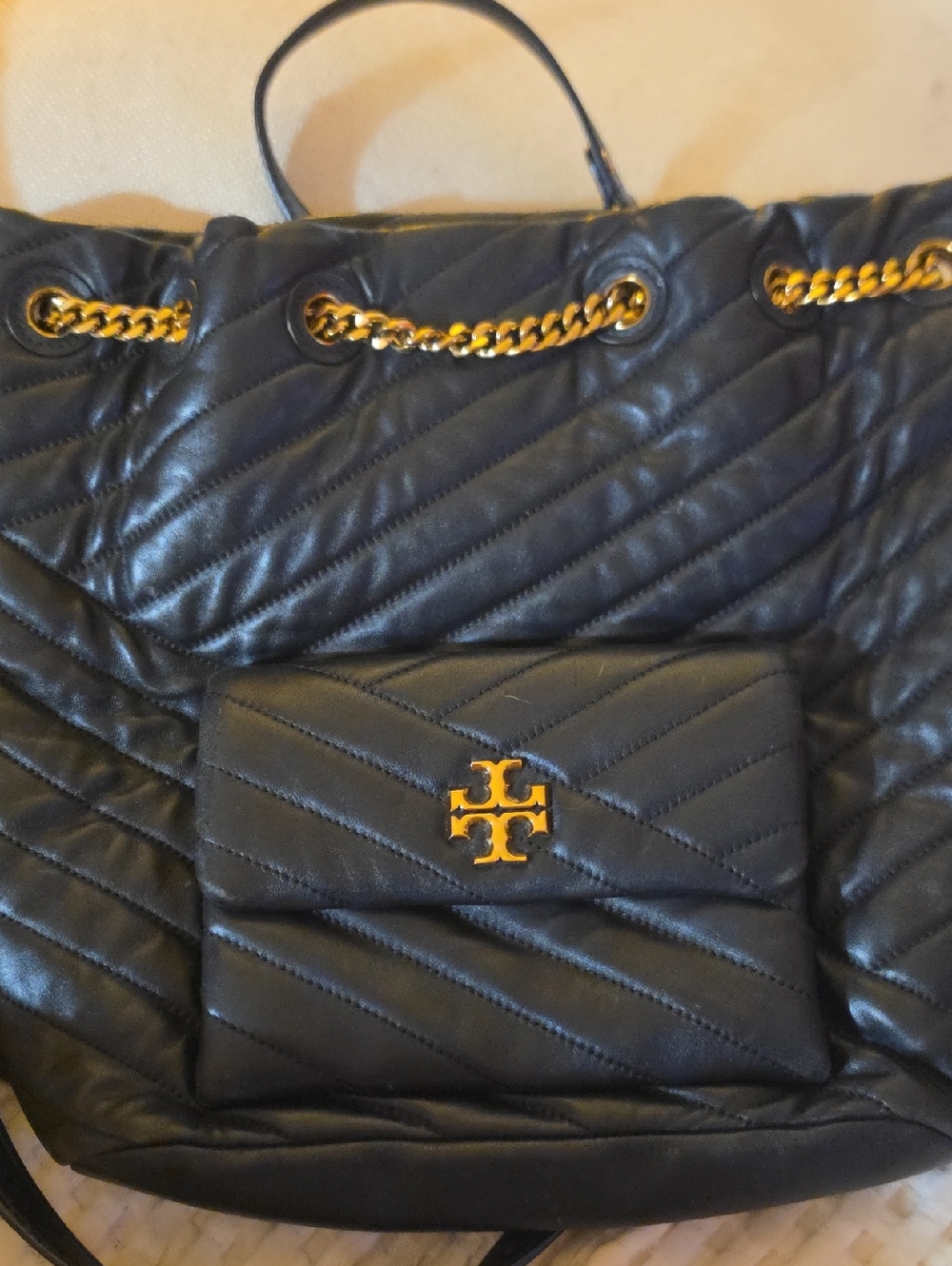 Tory Burch Black Quilted Leather Tote with Gold Chain Detail